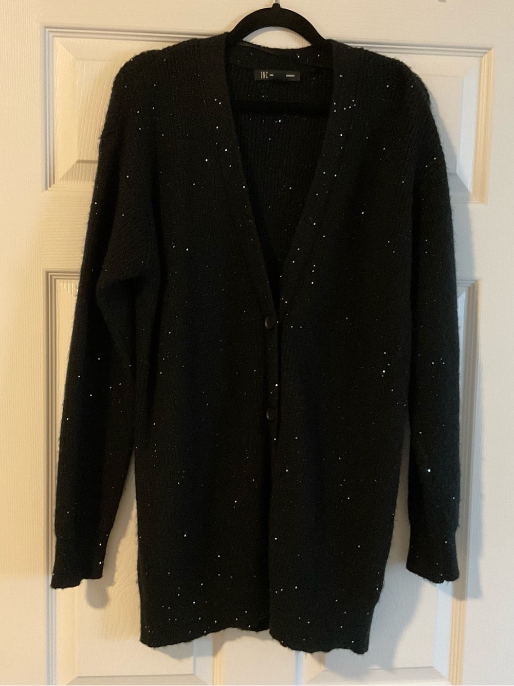 INC International Concepts Black Sequin V-Neck long length Button Cardigan